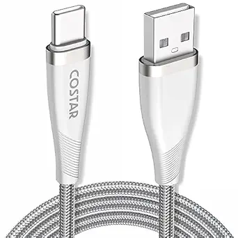 COSTAR 65W USB Type C - 3A Nylon Braided Fast Charging Cable and Data Sync Supports PD & QC 3.0 Charge for Oneplus, Samsung Galaxy, realme, IQOO, Redmi, Itel & Other Type-C devices (4.9FT, Silver)