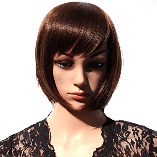 HSG fashion lady bob wigs fluffy dark brown wigs oblique bangs short straight wigs JFG002
