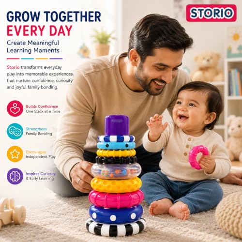 Image of Storio Stacks of Circles Stacking Ring Toy for Babies 6+ Months | 9-Piece Multi-Color STEM Learning | Educational Baby Toy for Fine Motor Skills | Textured Rings with Sound Beads | Montessori Learning