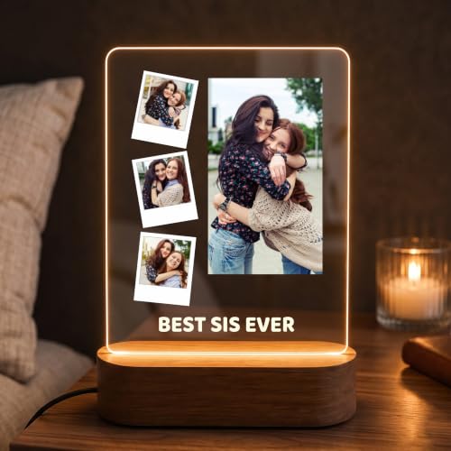Image of Giftplease Personalised Photo Acrylic Frame with Wooden LED Base - Custom Picture Desk Display for Sister, Unique Raksha Bandhan Gift from Brother, Birthday, Anniversary & Keepsake Decor