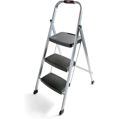 Rubbermaid RM-3W Folding 3 Steel Frame Stool with Hand Grip and Plastic Steps, 200-Pound Capacity, Silver