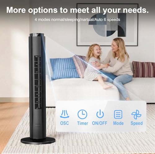 Image of Antarctic Star Portable Tower Fan 80 Rotating for Bedroom, 12 Hour Timer, 6 Speeds 4 Modes, LED Display, Powerful for Home /Office /Bedroom, 94 cm, Black