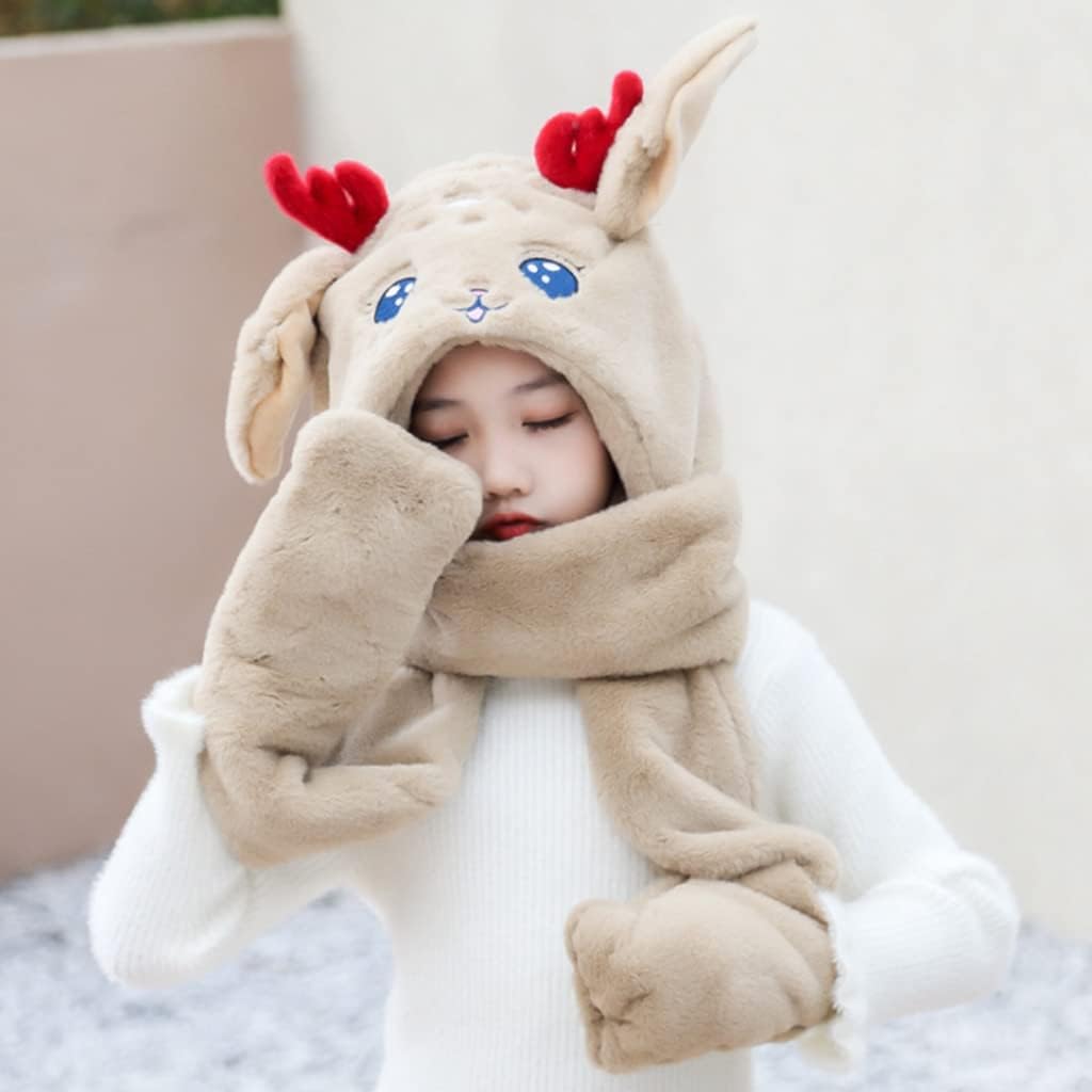 Scarf,Buckhorn Deer Moving Ears Winter Hat Scarf Gloves Set For Girl Hooded Scarf Deer Cap Plush Scarf With Pocket Scarf(Skin Powder)