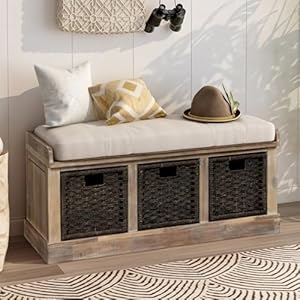 Overstock Nestfair Entryway Storage Bench with Cushion and Basket White Washed