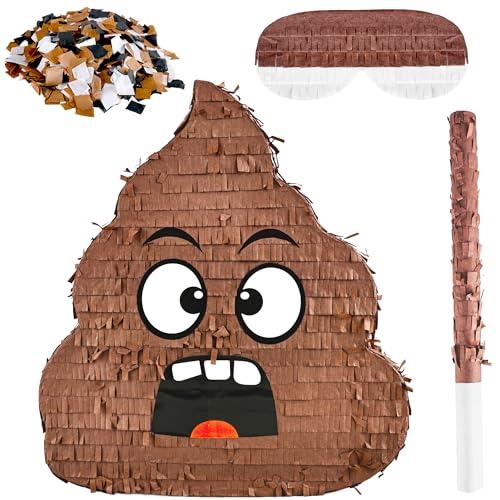 Funny Poop Piñata Set with 14.6 x 13.2 Inch Poop Piñata Bat Blindfold and Confetti for Kids Adults Halloween Hilarious Baby Shower Birthday Party Decoration