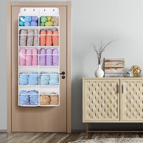 Image of Univivi Hanging Yarn Storage Organizer, Extra Large 5 Tiers Crochet Bag Organizer with Clear Deep Pockets, Over The Door Yarn Storage for Crochet Hook, Knitting Needles (White)