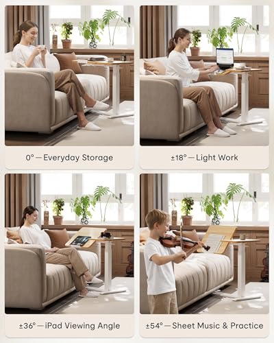 Image of FLEXISPOT Adjustable Height C-Shaped End Table with Split Tilting Top - Mobile Side Table for Sofa & Bedside, Slides Under Furniture, Hidden Wheels for Small Spaces(31.6 inch W x 15.7 inch D,Maple)