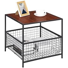 SUPER DEAL 2 Tier Side Table with Mesh Basket, 20 inch Square End Table Nightstand for Bedroom Living Room, Mini Fridge Stand Printer Stand for Office, Red Mahogany Wood Grain
