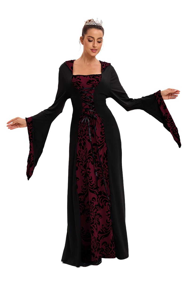 Feynman Women's Retro Medieval Dress with Trumpet Sleeves, Medieval Victorian Queen Dresses, Renaissance Gothic Maxi Dress - Image 2