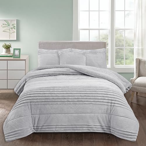 NOVOTEXTIL Edredón Invierno Sherpa Cama 90 (180x260) Extra Grueso 560gr/m2 Efecto Borreguito - Edredón Suave, Cálido y Transpirable con 1 Funda Almohada (50x70) (Oslo Gris)