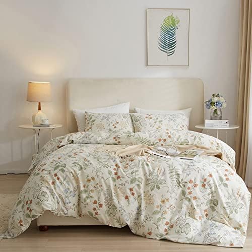 EAVD Chic Fresh Botanical Floral Duvet Cover Queen White Soft 100% Cotton Garden Botanical Bedding Set with 2 Pillowcases Vintage Style Gorgeous Floral Queen Comforter Set with Zipper Closure