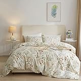 EAVD Vintage Style Floral Duvet Cover Queen White Soft 100% Cotton Garden Botanical Floral Bedding Set for Girls Women with 2 Pillowcases Reversible Floral Comforter Cover with Zipper Closure