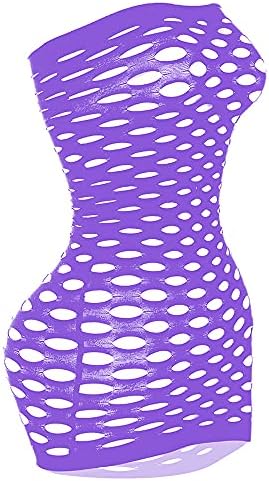 General Sexy Costumes Womens Mesh Chemise Dress Fishnet Lingerie Babydoll Nighties Minidress Perspective Lingerie, Purple, One Size