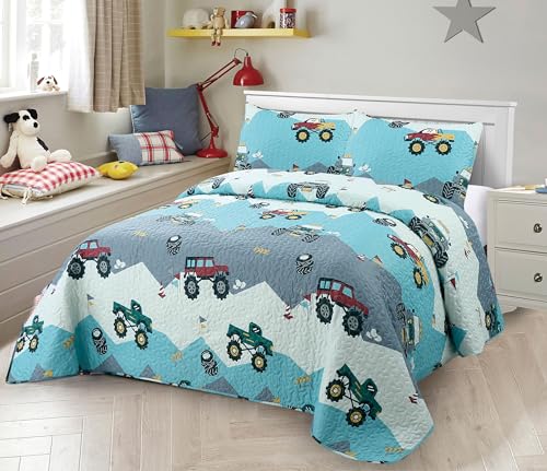 Kids Zone Collection Monster Trucks Kids/Teens Quilted Bedspread Set Blue, White, Red and Gray Mountain Design Twin New # Monster Trucks