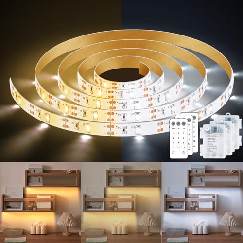 3 Pack 3.3FT Battery Powered LED Strip Lights with Remote Timer, 2700K-6000K Tunable White LED Cabinet Lights, Self-Adhesive Dimmable LED Strip Lights with12 Modes for TV Kitchen Bookshelf Cupboard