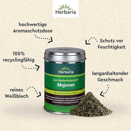 Herbaria Majoran bio 15g – Bio Majoran getrocknet und gerebelt – Bio Kräuter, Bio Gewürze, Bio Küchenkräuter – Premium Qualität – in nachhaltiger Weißblechdose
