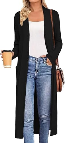 AYIFU Womens Maxi Cardigan Lightweight Long Sleeve Open Front Casual Cardigans Duster with Pockets (Black, M)
