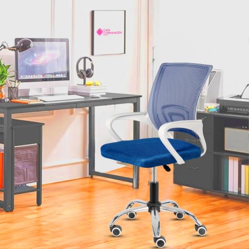 Image of Casa Copenhagen Mesh Mid Back Office /Study /Computer /Revolving /Desk Chair for Work from Home -Metal Base, Height Adjustable Seat- Indigo Blue & White Handle