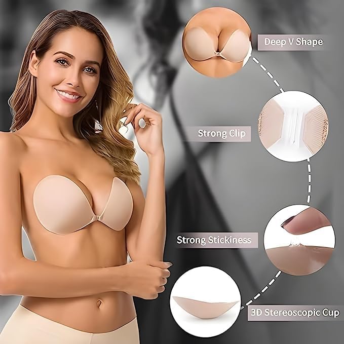 Image of DRAKIO Silicone Adhesive Push-Up Bra with Front Clasp | Strapless Backless Stick-On for Deep Neck Dresses | Reusable Invisible Seamless Wireless Support for Women (Multicolor)