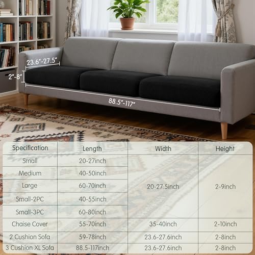 Image of CHUN YI 3 Piece Couch Cushion Covers for XL-Sofa Seat Slipcovers Suitable with Spandex Jacquard Washable Fabric (3 Piece XL-Sofa Cushion Covers, Black)