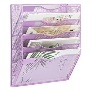 EASEPRES 5 Pocket Mesh Hanging Wall File Organizer, Wall Mounted Mail Paper Document Folder Holder, Clipboard Storage Organization Magazine Rack with Nametag Label for Office Home School, Light Purple