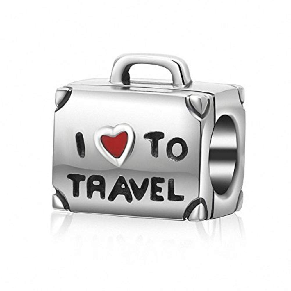 charms I Love to Travel Charms 925 Sterling Silver Travel Around the World Charm for European Bracelet (suitcase)
