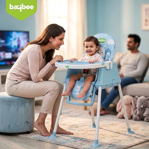 Image of Baybee 4 in 1 Convertible High Chair for Kids | Foldable Baby Feeding Chair with Safety Harness, Adjustable Tray, Booster Seat | Easy to Clean, Portable Dining Chair (Blue)