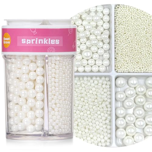 Image of White Sprinkles for Cake Decorating, 4 Sizes Edible Pearl Sprinkles, 7.8oz
