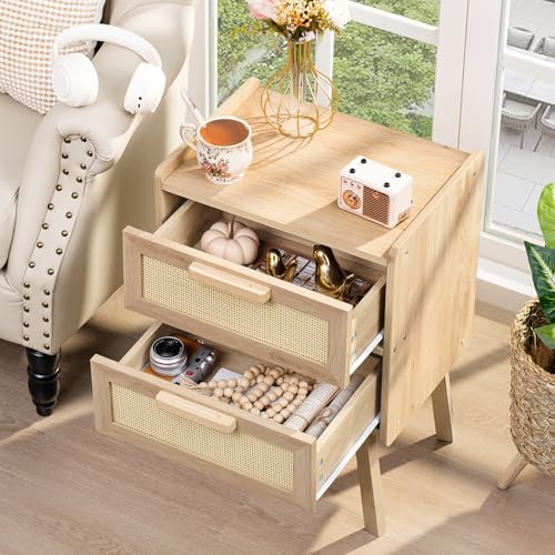Lerliuo Rattan Nightstands Set of 2, Boho Night Stand with 2 Drawers, Cane Accent Side End Table, Bedside Table with Solid Wood Legs for Bedroom, Dorm and Small Spaces (Natural)