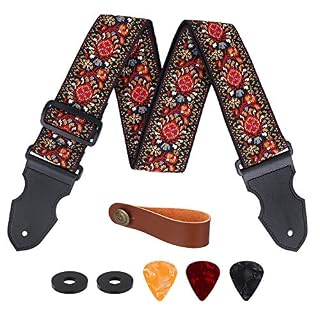 Sangle Guitare, Réglable Sangle de Coton avec Extrémités en Cuir, Vintage Tissage Jacquard Brodée en Motif Fleur, pour… - Les Beatles, Paul McCartney, John Lennon, RIngo Starr, George Harrison