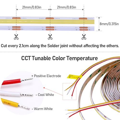 Image of GOMING 24V 10M(32.8ft) 3Pin 8mm Width CCT COB LED Strip 2700K-6500K Tunable White 576LED /M CRI 93+ Flexible IP20 Not Waterproof LED Tape Lights for Home Decor(Controller and Power Supply Not Included)