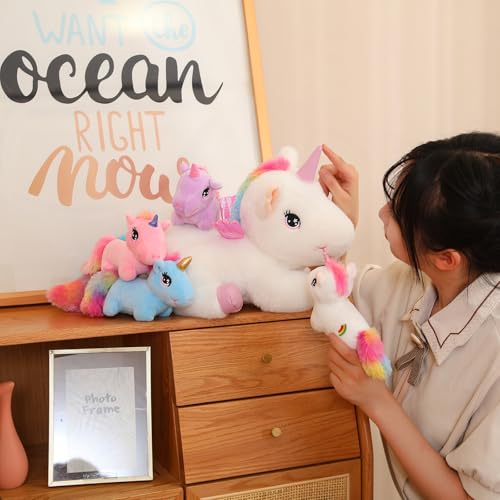 SQEQE Niedliche Einhorn Stofftiere mit 4 Baby Einhorn Plüschtiere in ihrem Bauch, Regenbogen Fliegendes Einhorn Plüschkissen Spielzeug mit Flügeln, Valentinstag Geburtstagsgeschenke für Jungen Mädchen