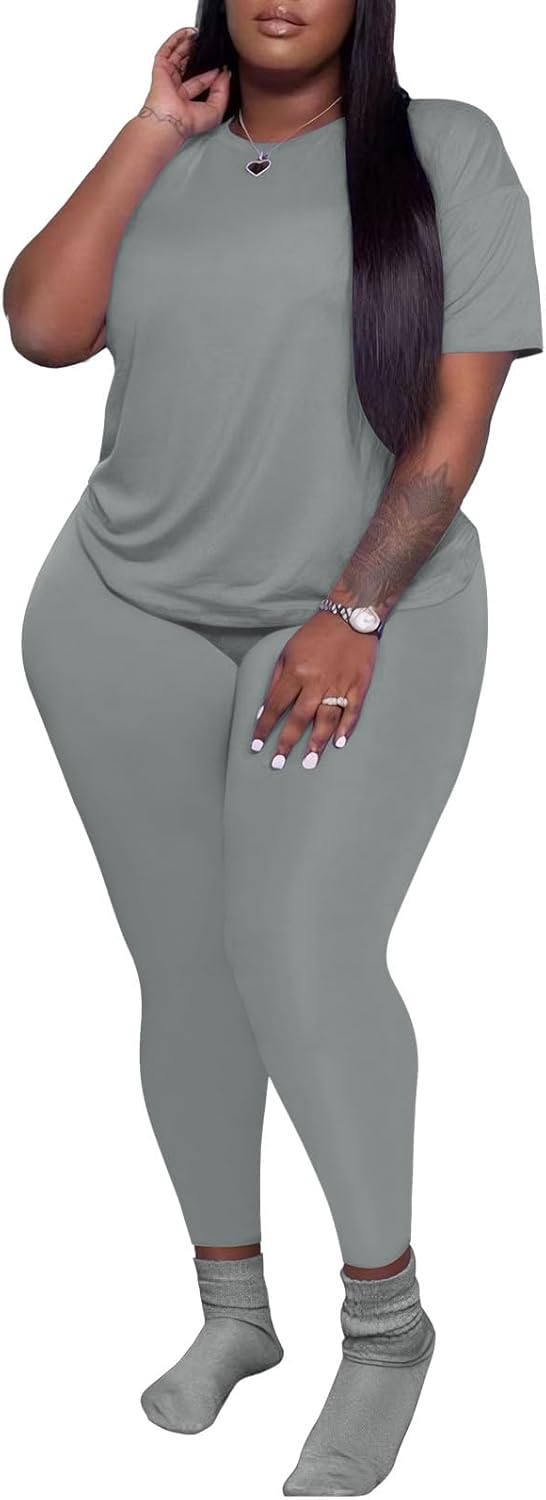 PINSV Women's Plus Size 2 Piece Outfits Tracksuits Short Sleeve Top Pants Sets Sweatsuits - Image 2