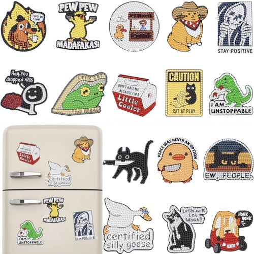 16 Pcs Funny Diamond Painting Magnets Kits Diamond Art Fridge Magnet Refrigerator Sticker Diamond Painting kit for Beginners Adults DIY Art Craft Gifts Home Decors