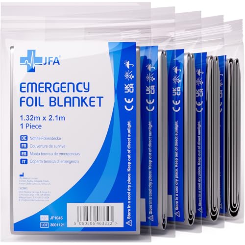 JFA Medical 5 x Individually Packaged Medical First Aid Foil Survival Blankets for personal use – reflective to maintain body heat