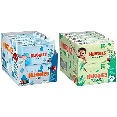 Huggies Pure Toallitas para Bebé - 18 paquetes de 56 unidades (1008 Toallitas) & Natural Care - Toallitas para bebé, 56 Unidades (Paquete de 10) Total - 560 Toallitas