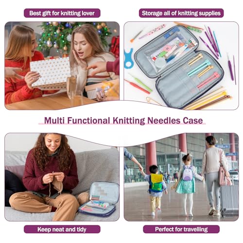 Image of Katech Empty Knitting Needles Case Portable Travel Crochet Hooks Case Zipper Storage Bag Organizer with Transparent Pocket and Holder Slots for Carrying Knitting Needles and Crochet Accessories (Red)