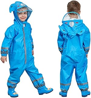 TURMIN 3D Girls Boys Raincoat, All in One Kids Puddle Suits Waterproof Baby Hooded Rainsuit Rainwear Toddlers One Piece Rain Suit with Reflector PVC Transparent Hat Brim for Kids 3-10 Years