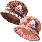 Chicingyou 2 Pack French Thicken Women's Flower Knitted Woolen Hat Winter Warm Windproof Crochet Bucket Beanie for Women (Coffee and Pink)