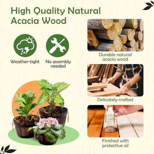 image for IDZO Set of 3 Wooden Flower Boxes Outdoor, Durable Acacia Wood Barrel 