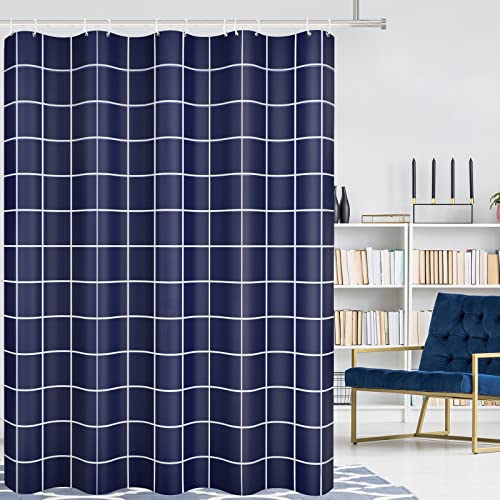 Tititex Navy Blue Grid Shower Curtain 71x71 with Hooks