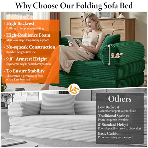 Image of Convertible Futon Sofa Bed, Fold Out Floor Sofa Couch with Sleeper Sofa,Folding Boneless Couches with Deep Seat,Cloud Corduroy Foldable Mattress Couch for Living Room (Green)