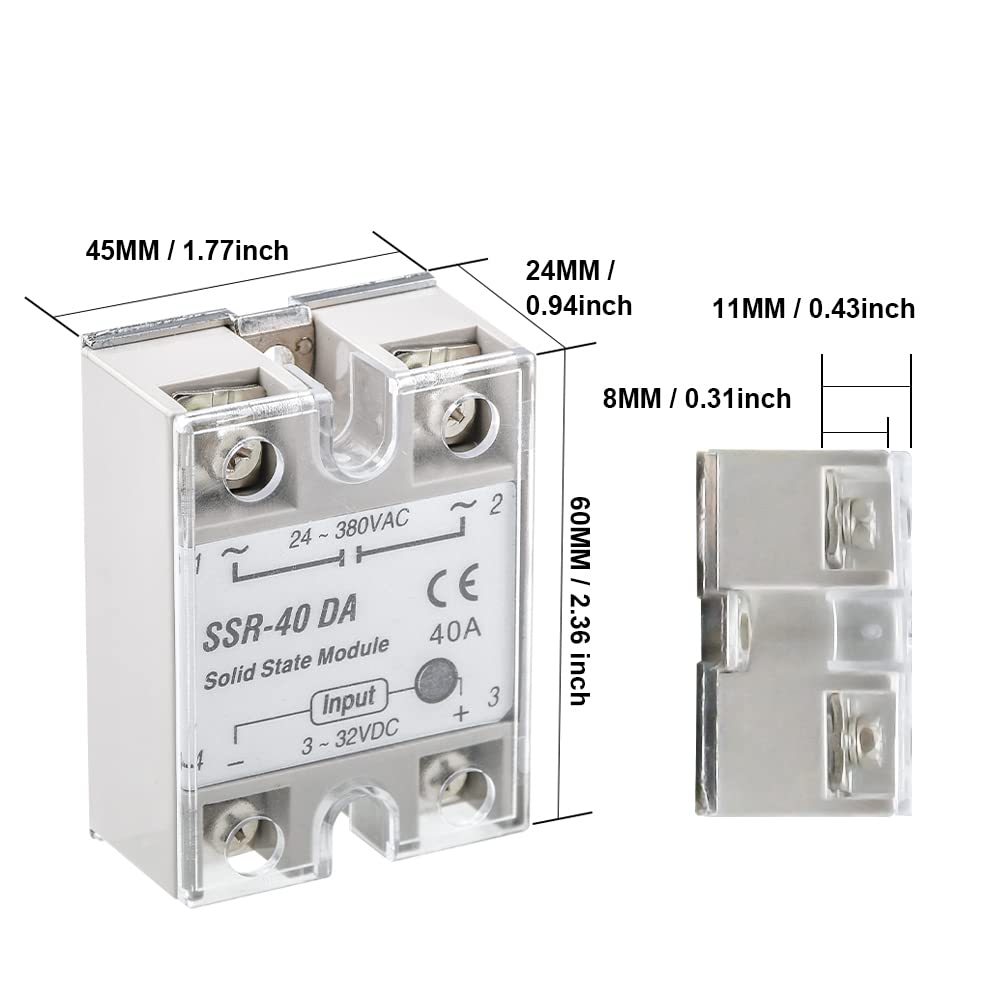 Módulo Relé de Estado Sólido SSR-40DA 40A DC-AC con Cubierta Protectora – Entrada 3-32VDC, Salida 24-380VAC – Controlador de Potencia para Arduino, CNC, Impresoras 3D 2 unidades