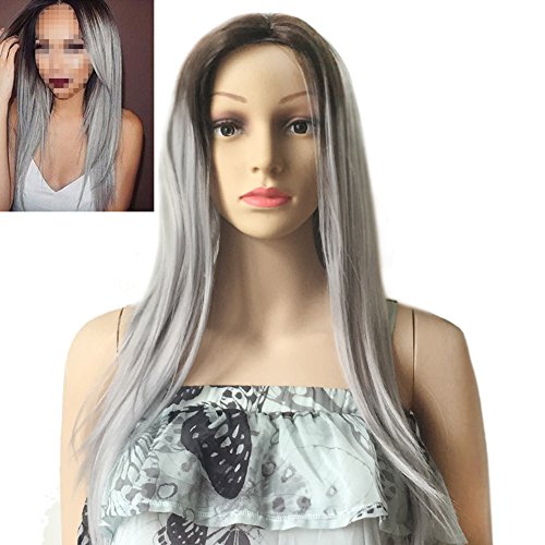RightOn 24'' High Quality Straight Brown Root To Grey Ombre Synthetic Wig with Wig Cap (Mixed Color)