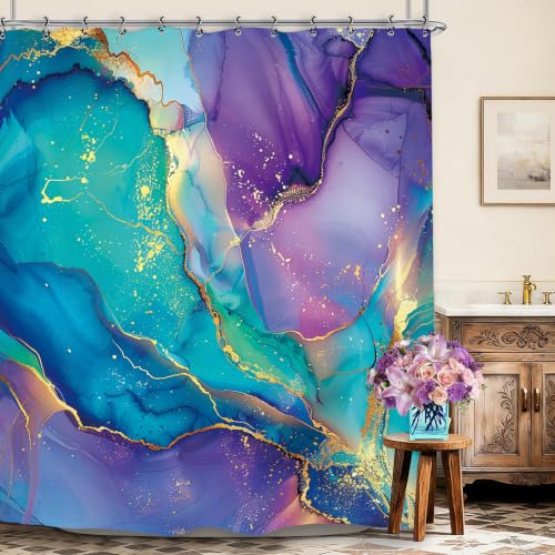Yookeb Modern Marble Teal Purple Blue Bathroom Shower Curtain 60W by 71H Inch Abstract Contemporary Cracked Stone Luxury Ombre Art Polyester Fabric 12 Plastic Hooks Waterproof Decor
