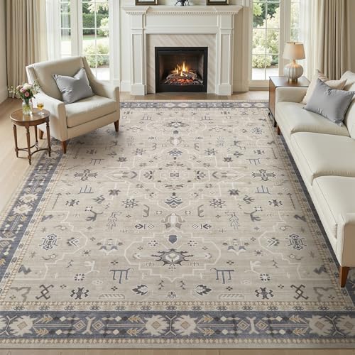 WITSHOCK 7x9 Area Rug for Living Room Washable Vintage Rugs Beige/Grey