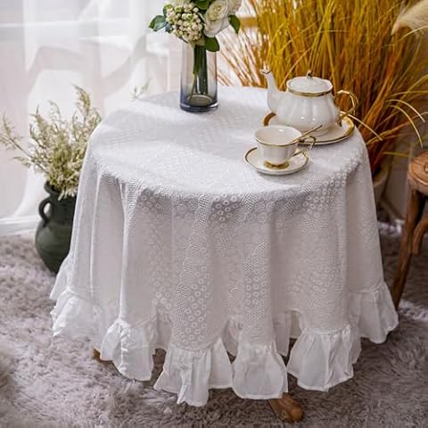 ARTMAGIC French Cotton White Tablecloth Embroidered Floral Table Cloths Farmhouse Washable Rectangle Tablecloths Hollow Lace Table Cover for Home Holiday Xmas (White Circle, 43" Round) Cover
