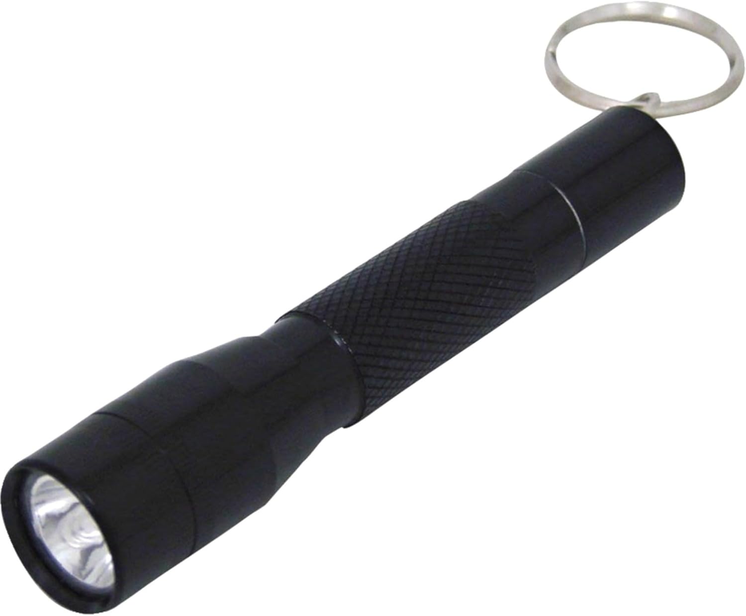 Black Dorcy 10-Lumen LED Keychain Flashlight with a silver keychain ring attached to the tail end.