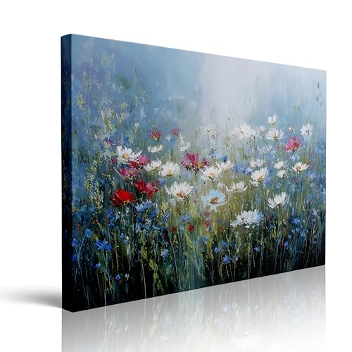 Red and White Wildflowers Canvas Wall Art Framed Painting Impressionist