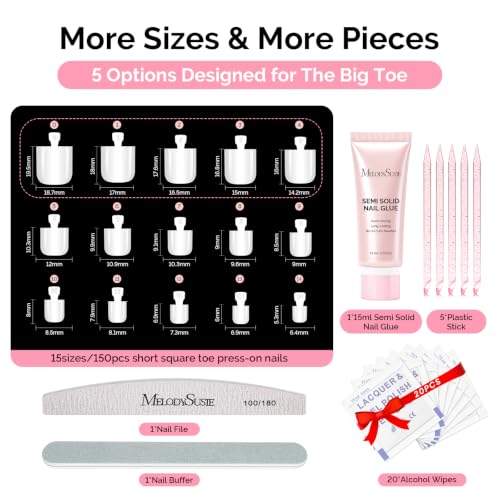 Image of MelodySusie White Sharp Square Press On Toenails Kit,15 Sizes 150Pcs